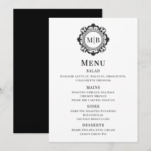 Menu Mariage Monogramme Floral Orné Blanc Noir
