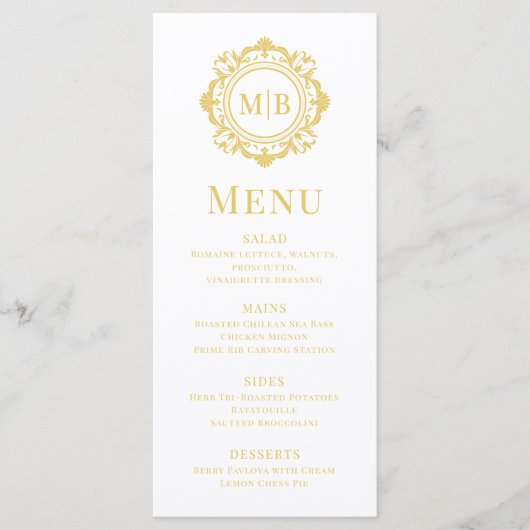 Menu Mariage Monogramme Floral Orné Blanc Or (Devant)