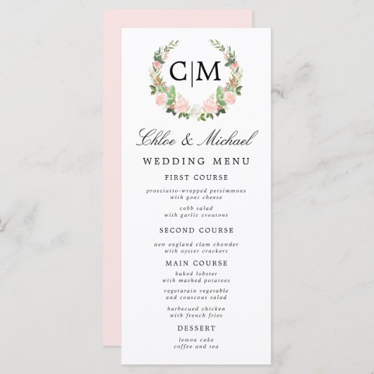 Menu Mariage Monogramme Floral Rose Blanc Noms (Devant / Derrière)