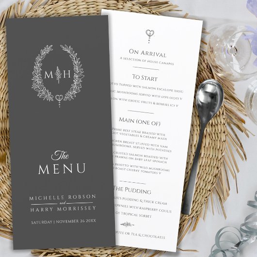 Menu Mariage monogramme gris blanc