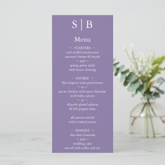 Menu Mariage Monogramme Lavande Classique (Debout devant)