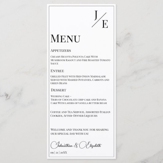 Menu Mariage monogramme minimal | BLANCHE (Devant)