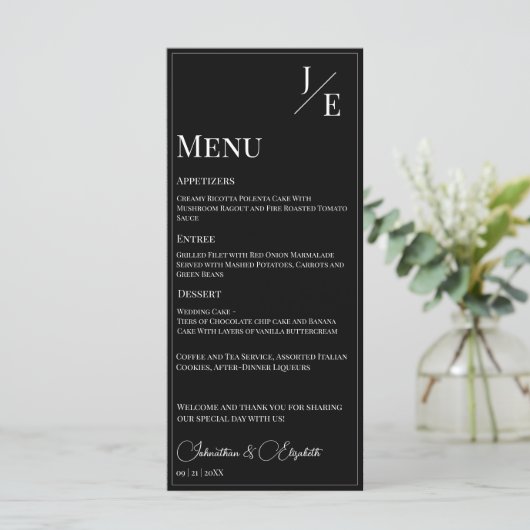Menu Mariage monogramme minimal | Noir (Debout devant)