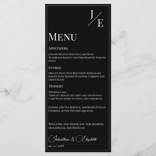 Menu Mariage monogramme minimal | Noir (Devant)