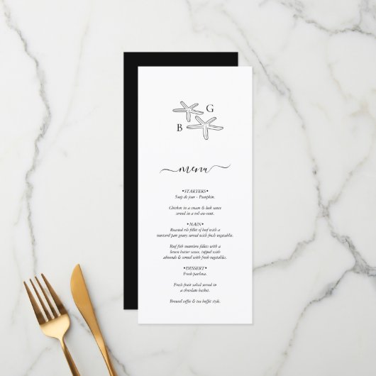 Menu Mariage monogramme minimaliste de plage Starfish (Devant/Arrière en situation)