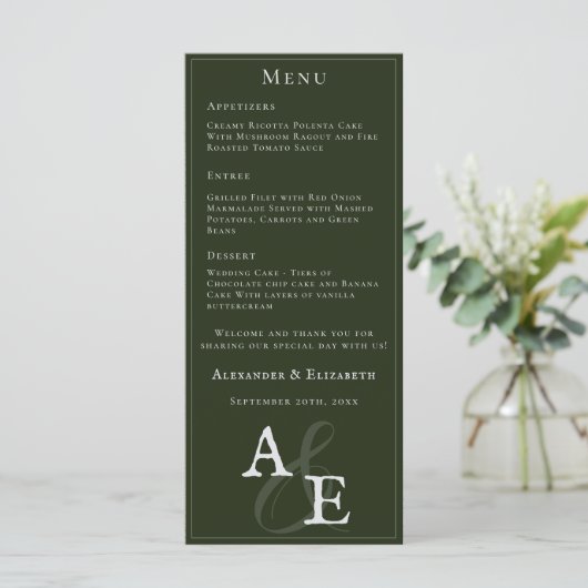 Menu Mariage Monogramme minimaliste Emerald Green (Debout devant)