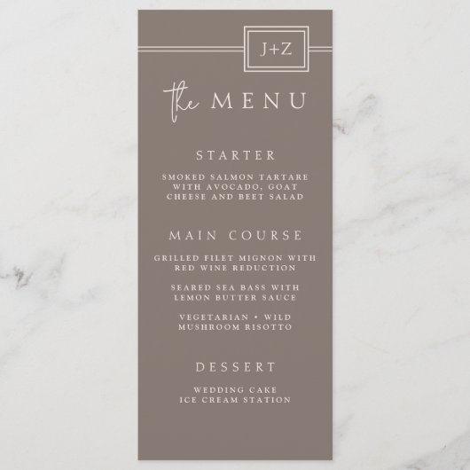 Menu Mariage Monogramme minimaliste Taupe moderne (Devant)