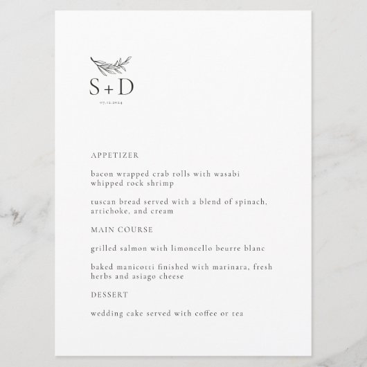 Menu Mariage Monogramme moderne noir et blanc (Devant)