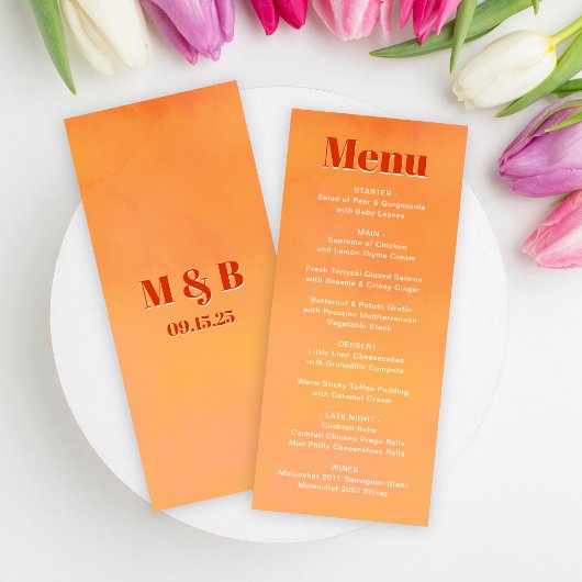 Menu Mariage Monogramme Moderne Orange Coucher de Solei