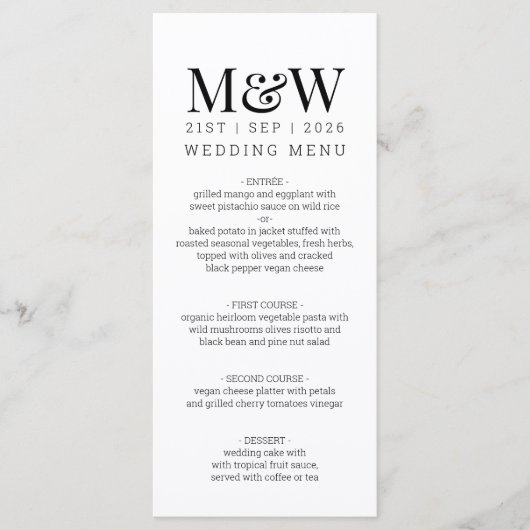 Menu Mariage Monogramme Noir Blanc (Devant)