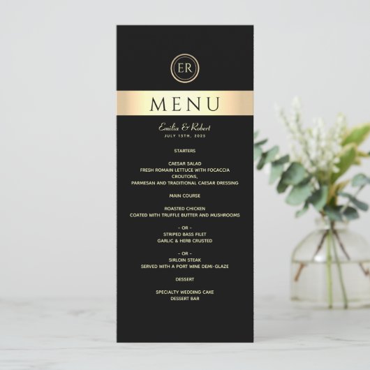 Menu Mariage Monogramme noir et or (Debout devant)