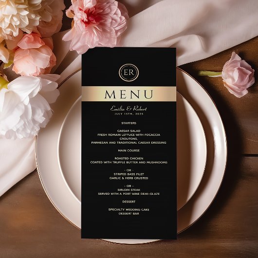 Menu Mariage Monogramme noir et or