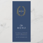 Menu Mariage monogramme ovale de feuille d'or blanc ble (Devant)