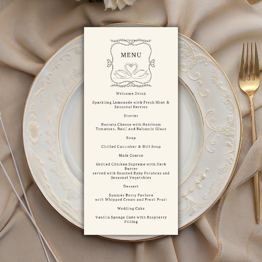 Menu Mariage Monogramme Rayures Cygnes Dessinés à la Ma