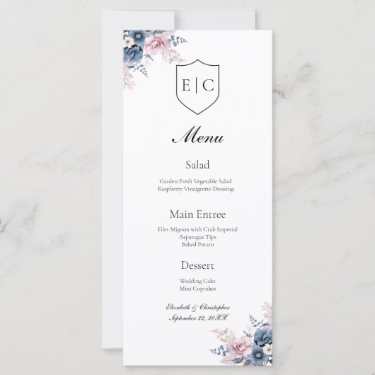 Menu Mariage Monogramme rose pâle bleu foncé (Devant)