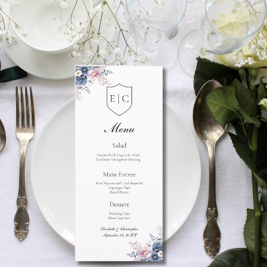 Menu Mariage Monogramme rose pâle bleu foncé