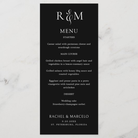 Menu Mariage Monogramme simple noir blanc (Devant)