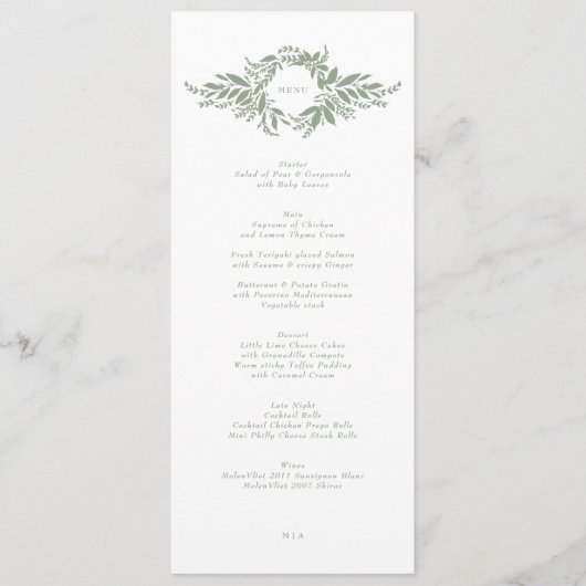 Menu mariage monogramme traditionnel de couronnes verte (Devant)