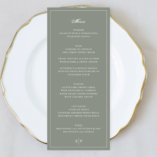 Menu Mariage Monogramme Vert Sauge Cadre Premium