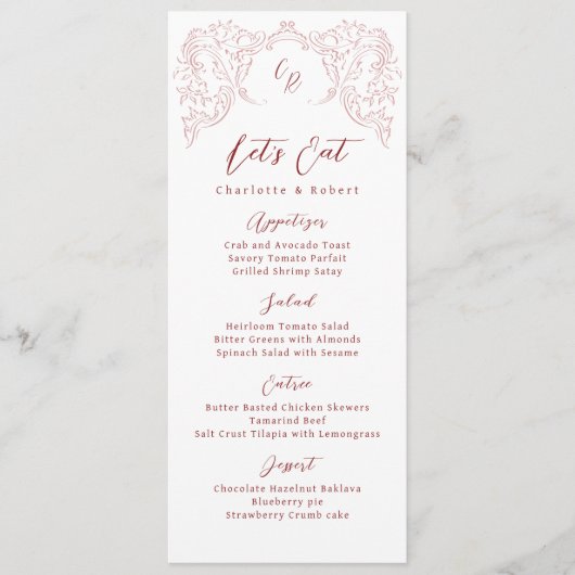 Menu Mariage Monogramme Vintage Pink Croché (Devant)