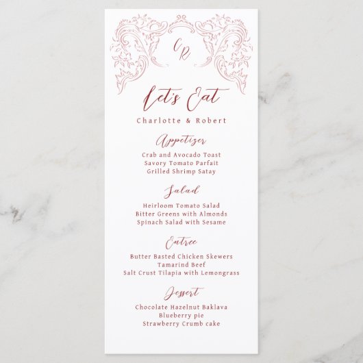 Menu Mariage Monogramme Vintage Pink Croché (Devant)