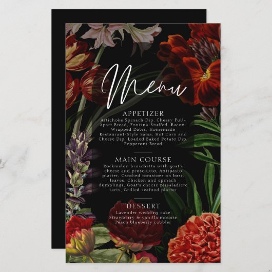 Menu Mariage Moody Floral foncé (Devant / Derrière)