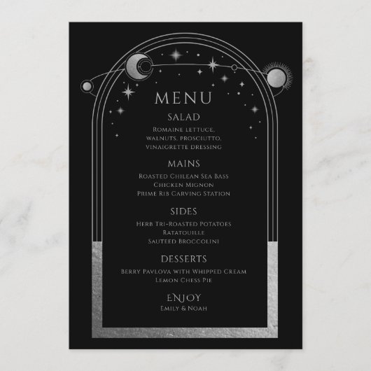 Menu Mariage mystique Black Silver Sun Moon Stars (Devant)