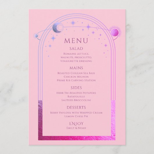 Menu Mariage mystique rose violet Sun Moon Stars (Devant)