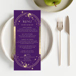 Menu Mariage mystique violet or Sun Moon étoiles<br><div class="desc">Mystical Purple Gold Sun Moon Stars Astronomie Galaxie céleste Les cartes de mariage cosmique présentent un soleil, une lune et des étoiles avec un cadre doré sur un arrière - plan violet avec vos détails de menu dans le centre dans le script de calligraphie dorée moderne. Personnalisez en modifiant le...</div>