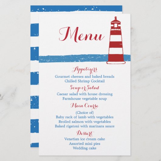 Menu Mariage Nautical Red Lighthouse Blue Stripes (Devant / Derrière)