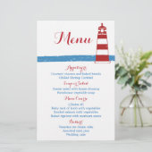 Menu Mariage Nautical Red Lighthouse Blue Stripes (Debout devant)