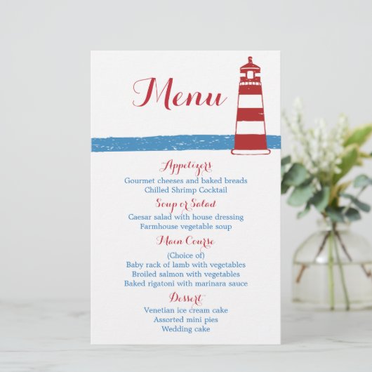 Menu Mariage Nautical Red Lighthouse Blue Stripes (Debout devant)