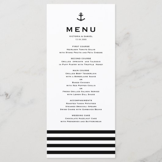 Menu Mariage Naution Moderne Noir et Blanc (Devant)