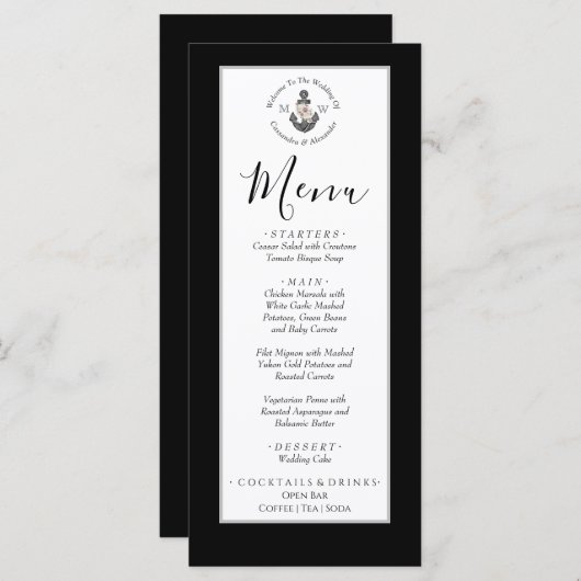 Menu Mariage nautique Ancre florale noir et blanc (Devant / Derrière)