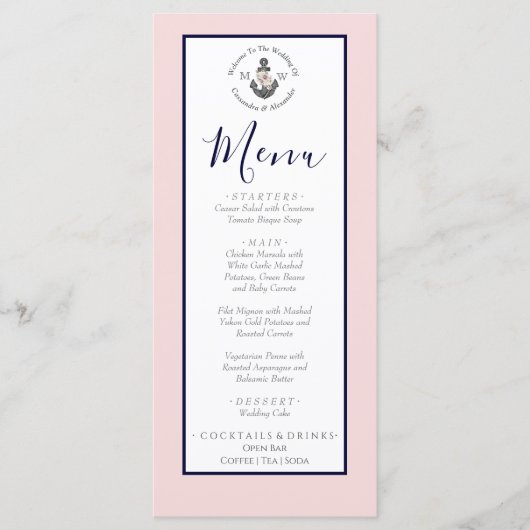Menu Mariage nautique Ancre florale rose marine gris (Devant)