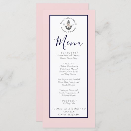 Menu Mariage nautique Ancre florale rose marine gris (Devant / Derrière)
