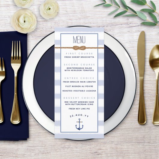 Menu Mariage Nautique Bleu Blanc Rayure ♾ Nœud Infini