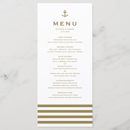 Menu Mariage nautique d'Ancre moderne or et blanc (Devant)