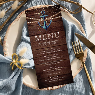 Menu Mariage Nautique en Bois Rustique Bleu Marine