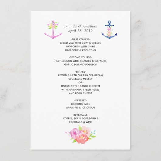 Menu Mariage naval floral aquarelle (Devant)