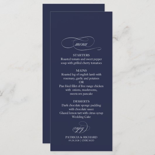 Menu Mariage Navy Blue Simple Elegant 4x9 (Devant / Derrière)