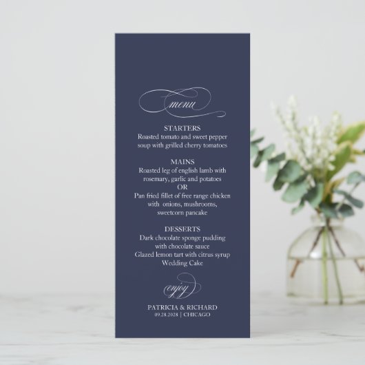 Menu Mariage Navy Blue Simple Elegant 4x9 (Debout devant)