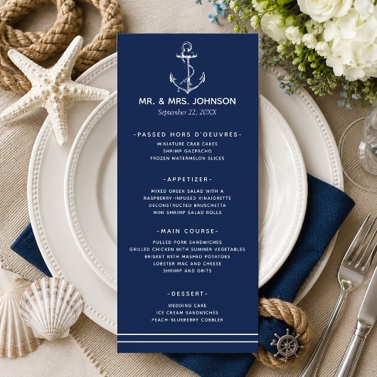 Menu Mariage Navy Nautical Blanc Ancre Côté Mer
