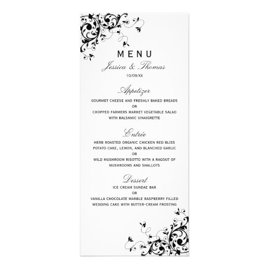 Menu Mariage noir & blanc Élégant (Devant)