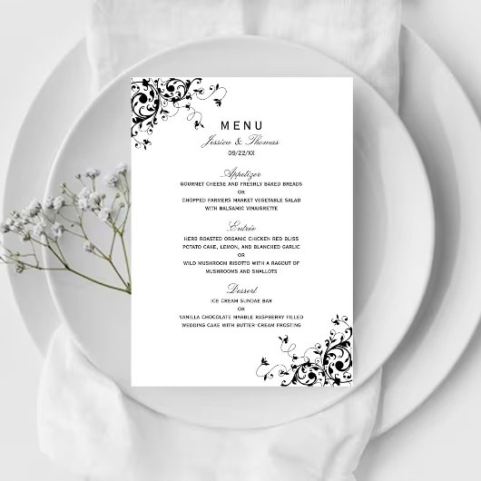 Menu Mariage noir & blanc Élégant