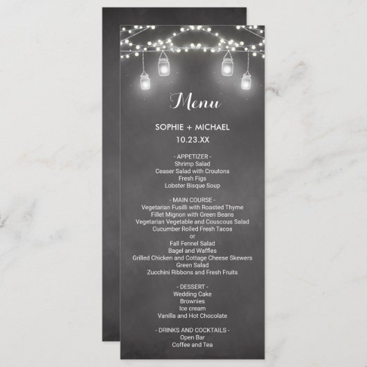 Menu mariage Noir Blanc Lumières (Devant / Derrière)