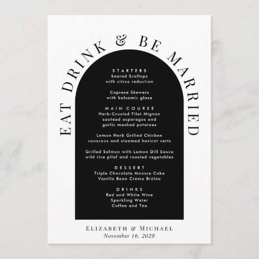 Menu Mariage noir blanc minimaliste en arc moderne (Devant)