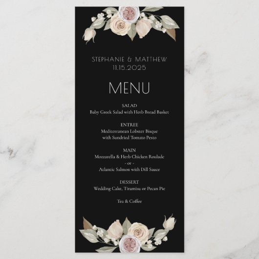 Menu Mariage noir botanique de couleur rose pâle (Devant)