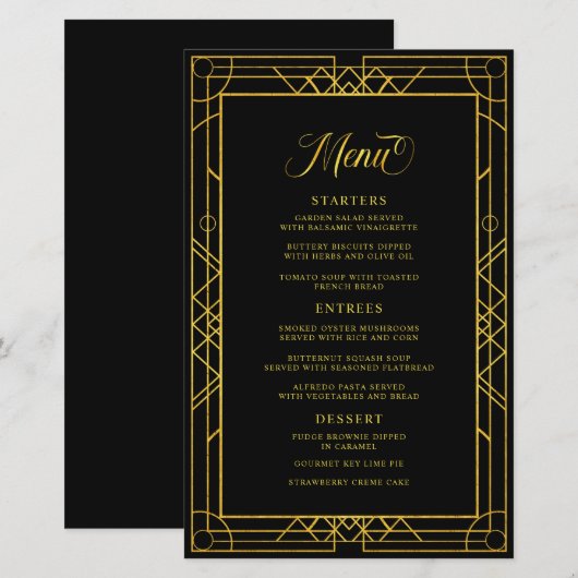 Menu Mariage noir cadre d'or géométrique antique (Devant / Derrière)