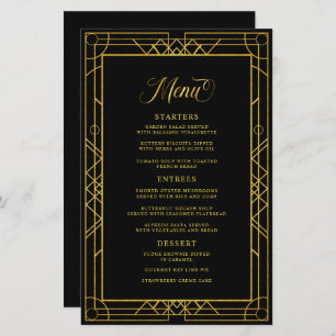 Menu Mariage noir cadre d'or géométrique antique